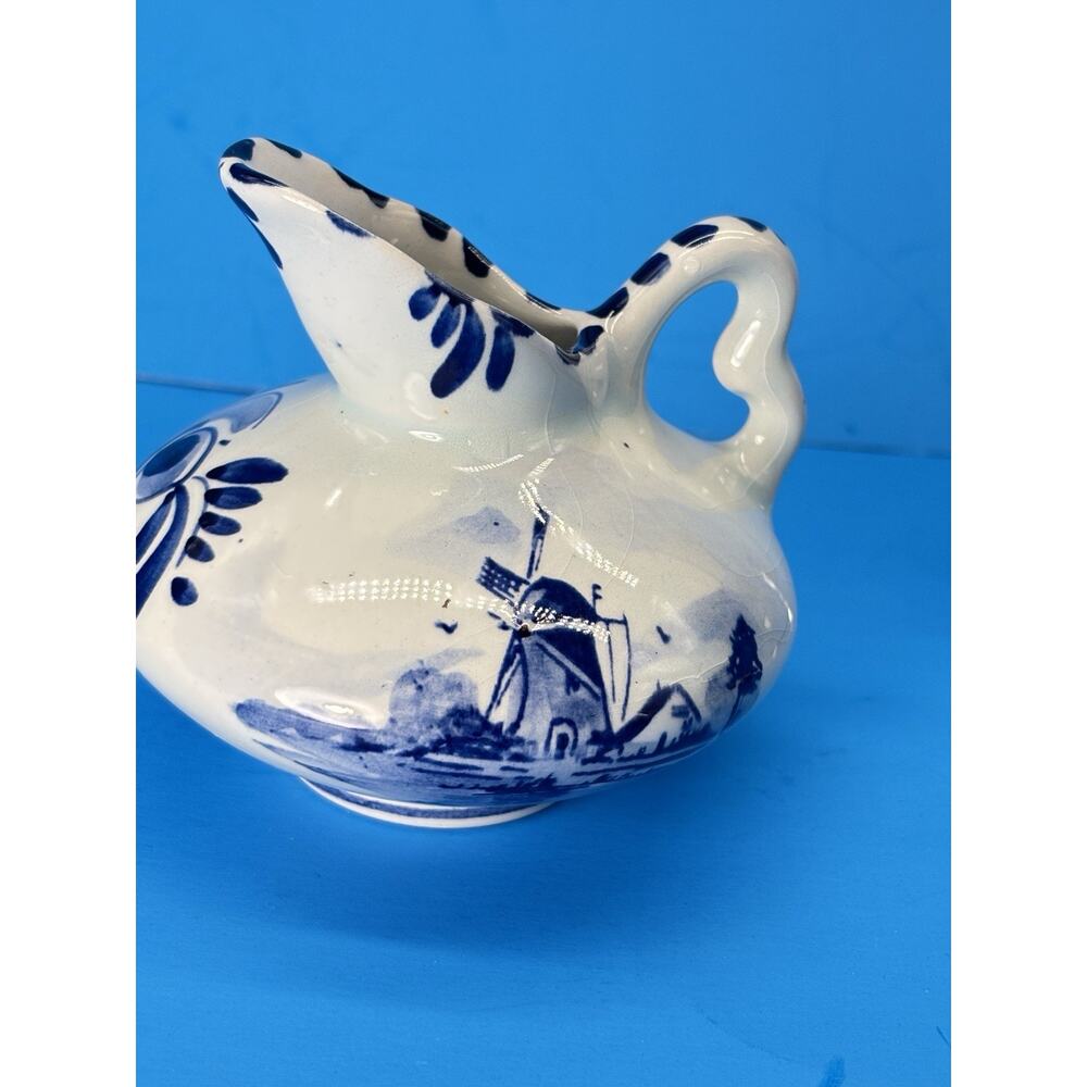 Vintage Delft Blue Pottery Pitcher Cruet Windmill Hand Painted Holland